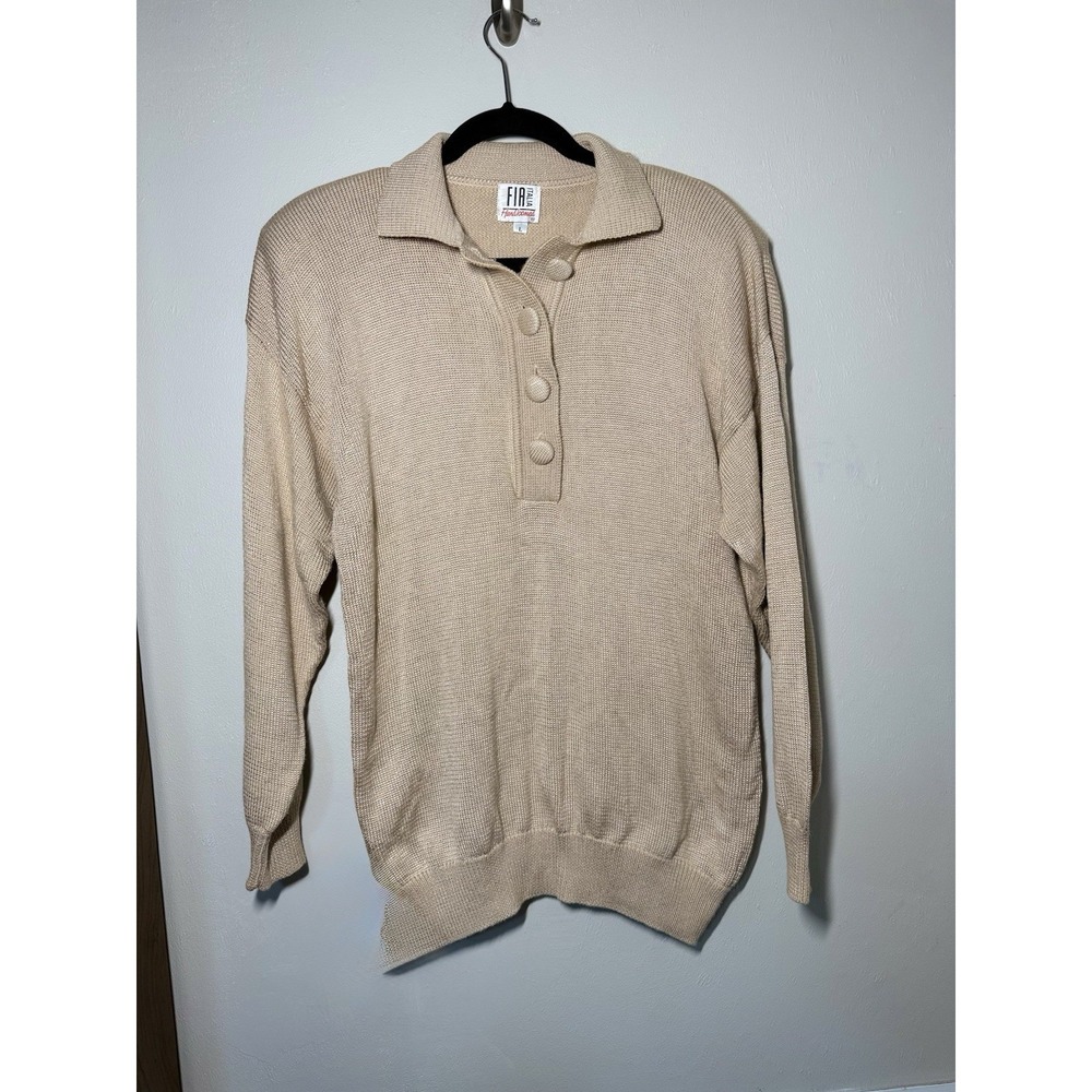 FIA Italia Vintage Handloomed Sweater Women's Large Ribbed Beige Button Collar